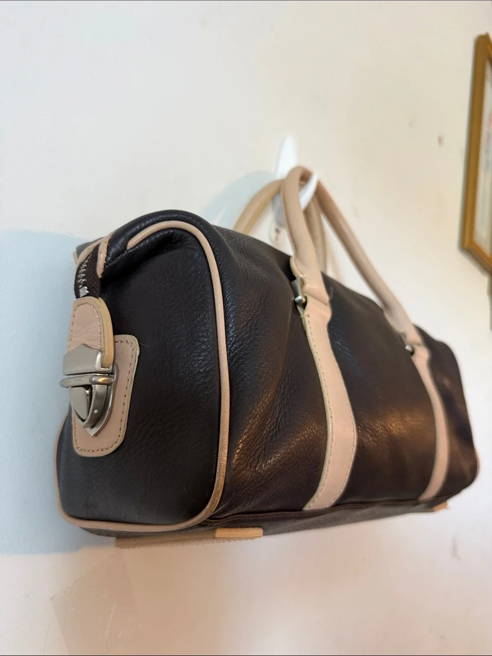 Ann Taylor Vintage #Y2K Dark Brown Leather Duffel with Beige Trim Handbag